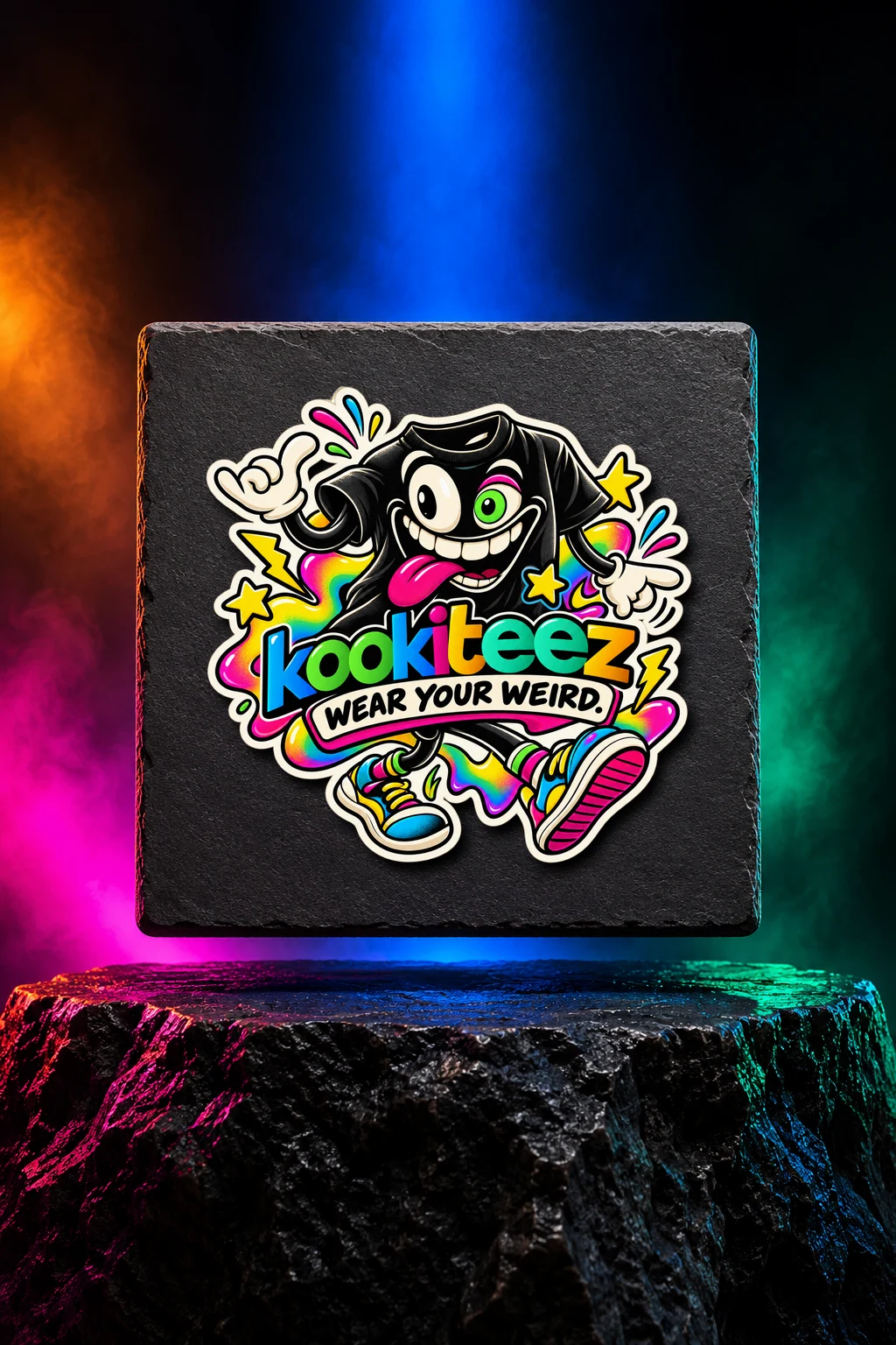 A grinning black T-shirt character surrounded by rainbow swirls, stars and lightning, with kookiteez and Wear Your Weird lettering, shown in our neon studio.