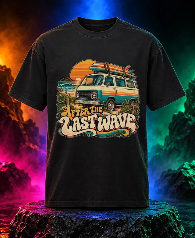 After the Last Wave T-shirt with an original cream-and-teal surf camper van carrying boards with After the Last Wave retro lettering. Black option. Digital mockup.