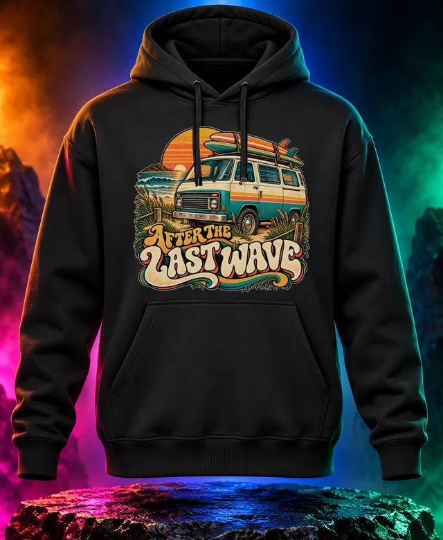 After the Last Wave hoodie with an original cream-and-teal surf camper van carrying boards with After the Last Wave retro lettering. Black option. Digital mockup.