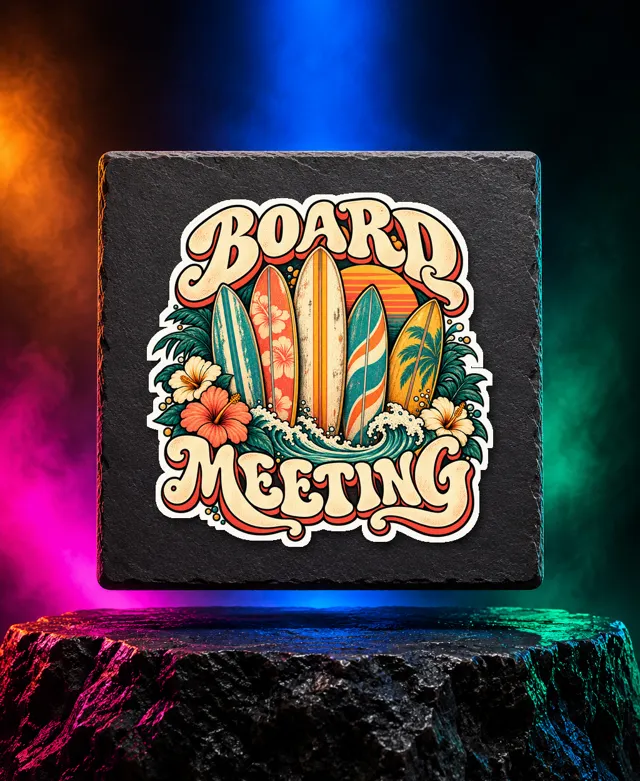 Board Meeting sticker with five vintage surfboards, tropical flowers and Board Meeting lettering. White option. Digital mockup.