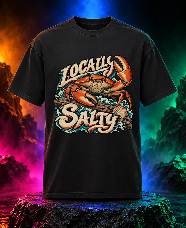 Locally Salty T-shirt with an orange crab raising one claw on driftwood with Locally Salty lettering. Black option. Digital mockup.