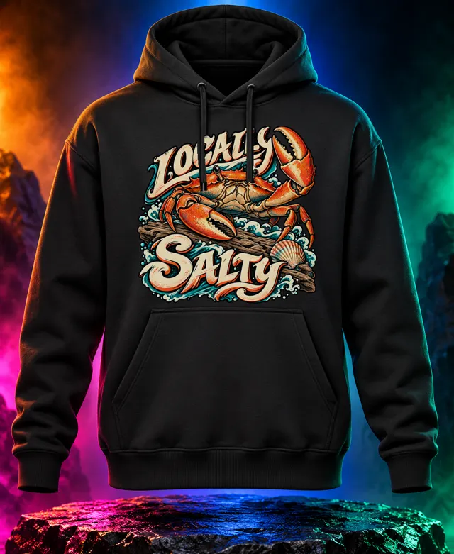Locally Salty hoodie with an orange crab raising one claw on driftwood with Locally Salty lettering. Black option. Digital mockup.