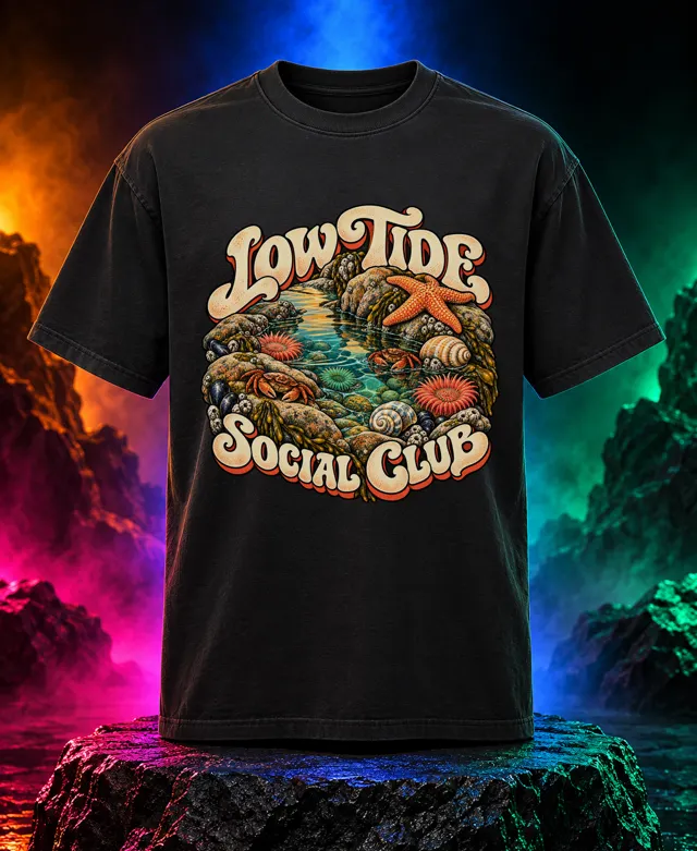 Low Tide Social Club T-shirt with an illustrated tide pool with rocks, sea stars, shells, crabs and Low Tide Social Club lettering. Black option. Digital mockup.