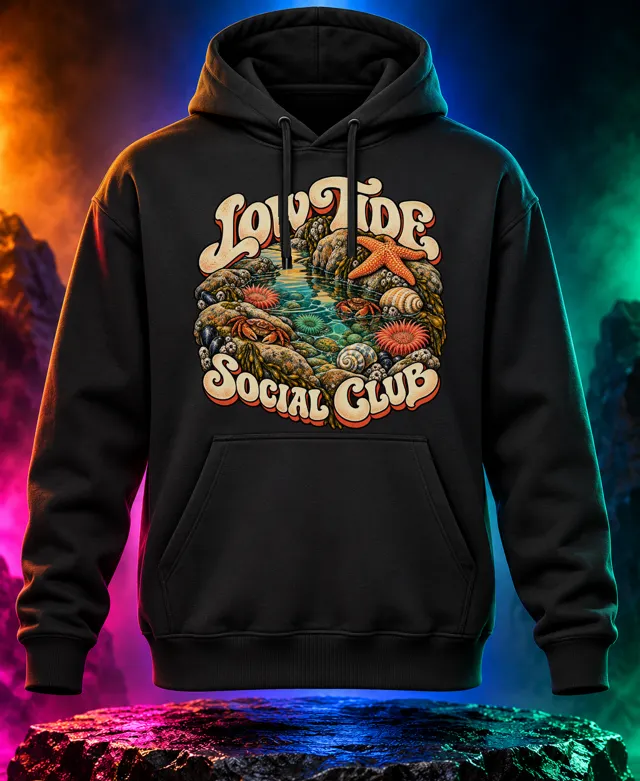 Low Tide Social Club hoodie with an illustrated tide pool with rocks, sea stars, shells, crabs and Low Tide Social Club lettering. Black option. Digital mockup.
