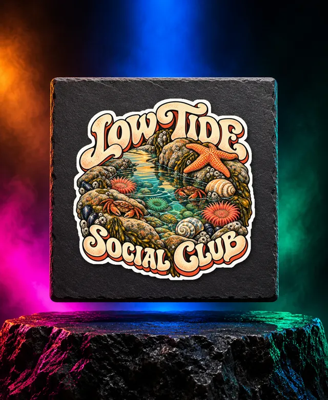 Low Tide Social Club sticker with an illustrated tide pool with rocks, sea stars, shells, crabs and Low Tide Social Club lettering. White option. Digital mockup.