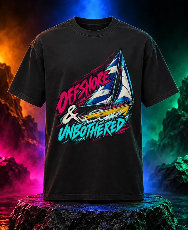 Offshore & Unbothered T-shirt with a cobalt-and-ivory sailing yacht, yellow hull and Offshore & Unbothered brush lettering. Black option. Digital mockup.