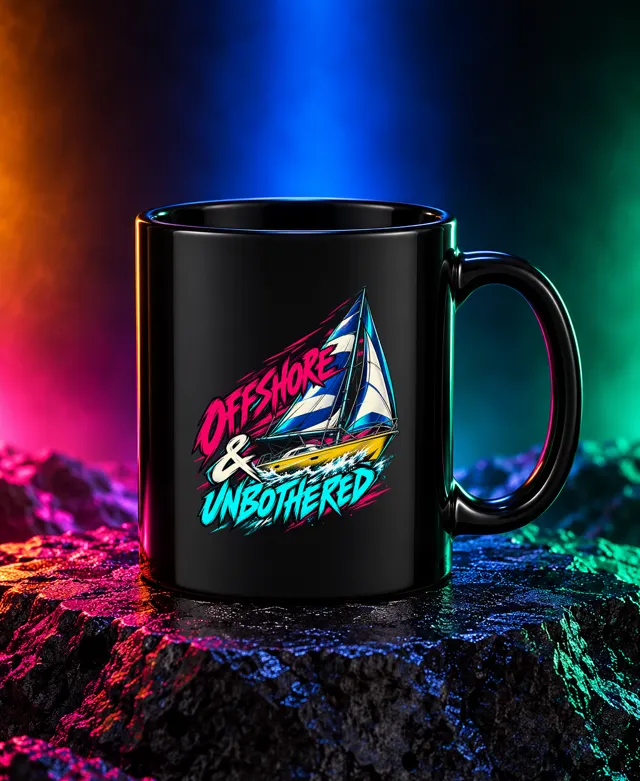 Offshore & Unbothered mug with a cobalt-and-ivory sailing yacht, yellow hull and Offshore & Unbothered brush lettering. Black option. Digital mockup.