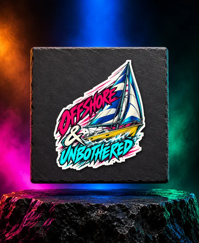 Offshore & Unbothered sticker with a cobalt-and-ivory sailing yacht, yellow hull and Offshore & Unbothered brush lettering. White option. Digital mockup.