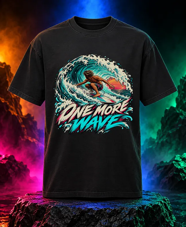 One More Wave T-shirt with an adult surfer riding inside a turquoise barrel with One More Wave brush lettering. Black option. Digital mockup.