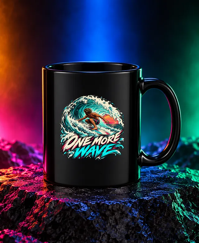 One More Wave mug with an adult surfer riding inside a turquoise barrel with One More Wave brush lettering. Black option. Digital mockup.