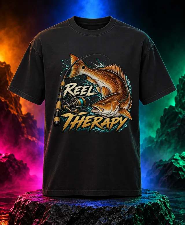 Reel Therapy T-shirt with a copper redfish with a tail spot, spinning rod and reel, and Reel Therapy brush lettering. Black option. Digital mockup.