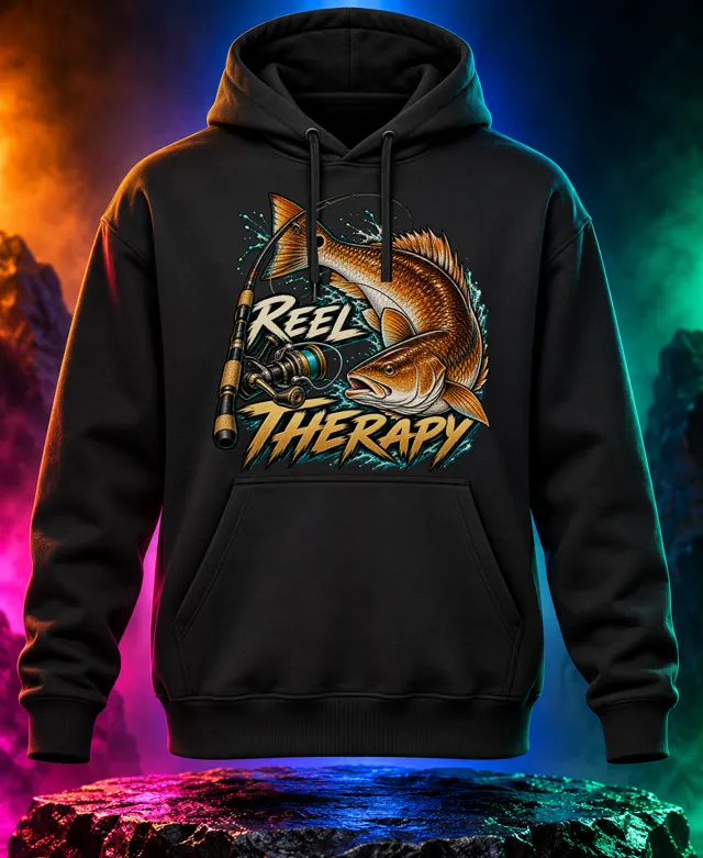 Reel Therapy hoodie with a copper redfish with a tail spot, spinning rod and reel, and Reel Therapy brush lettering. Black option. Digital mockup.