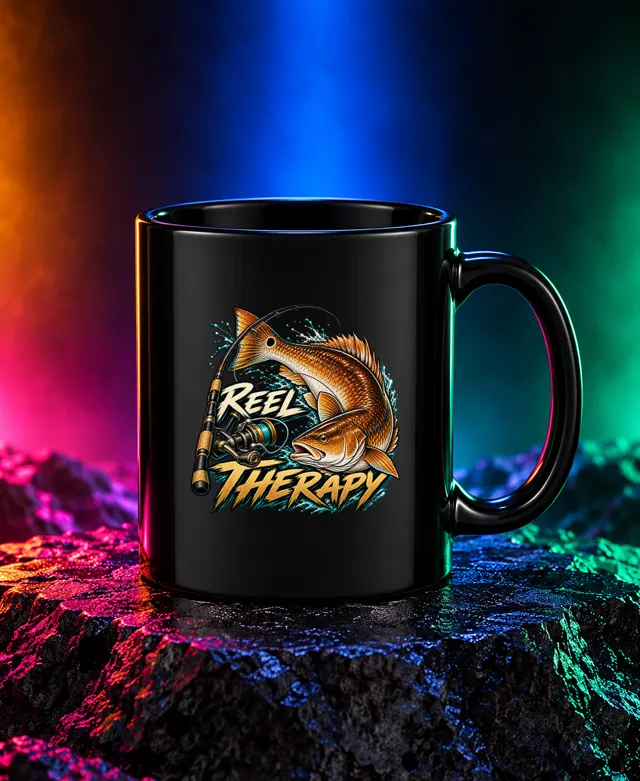 Reel Therapy mug with a copper redfish with a tail spot, spinning rod and reel, and Reel Therapy brush lettering. Black option. Digital mockup.