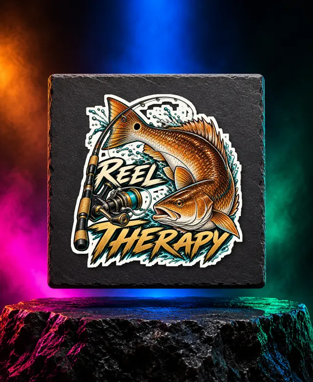 Reel Therapy sticker with a copper redfish with a tail spot, spinning rod and reel, and Reel Therapy brush lettering. White option. Digital mockup.
