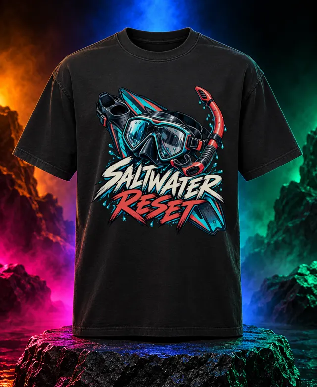 Saltwater Reset T-shirt with a detailed diving mask, snorkel and crossed swim fins with Saltwater Reset brush lettering. Black option. Digital mockup.
