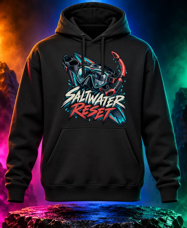 Saltwater Reset hoodie with a detailed diving mask, snorkel and crossed swim fins with Saltwater Reset brush lettering. Black option. Digital mockup.