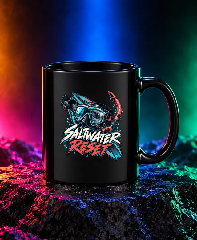 Saltwater Reset mug with a detailed diving mask, snorkel and crossed swim fins with Saltwater Reset brush lettering. Black option. Digital mockup.