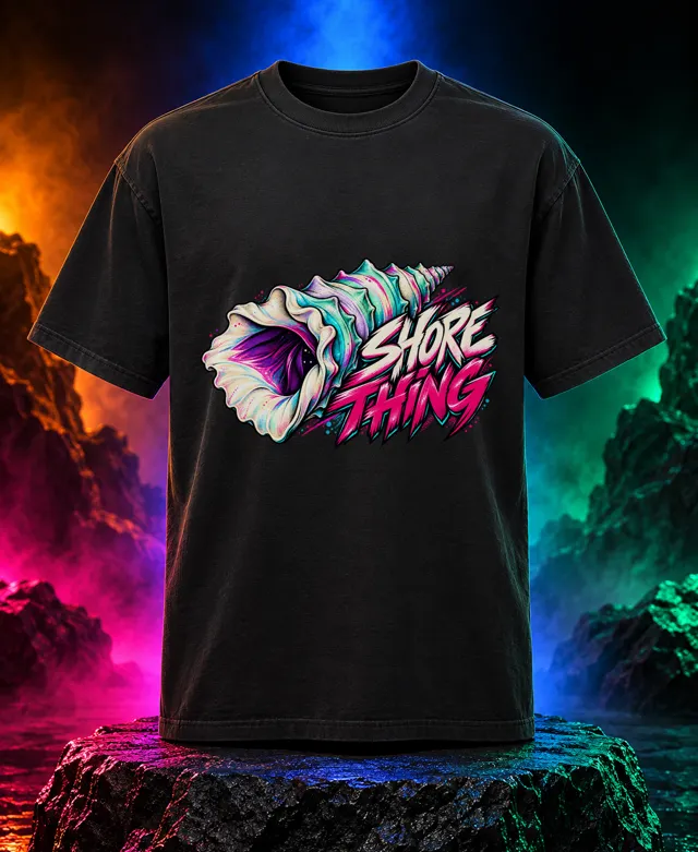 Shore Thing T-shirt with a sculptural mint-and-lavender conch shell with pink Shore Thing graffiti lettering. Black option. Digital mockup.
