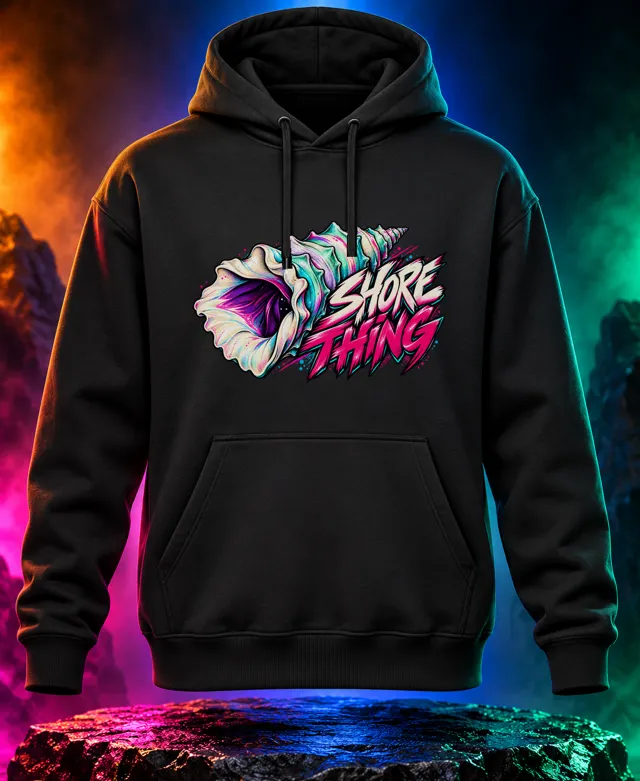 Shore Thing hoodie with a sculptural mint-and-lavender conch shell with pink Shore Thing graffiti lettering. Black option. Digital mockup.