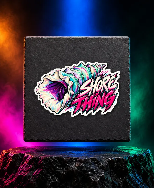 Shore Thing sticker with a sculptural mint-and-lavender conch shell with pink Shore Thing graffiti lettering. White option. Digital mockup.