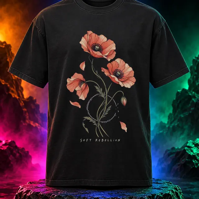 Black tee with the Soft Rebellion artwork. Wild poppies and expressive botanical lines give Soft Rebellion its quieter kind of confidence. Digital studio mockup.
