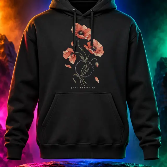 Black hoodie with the Soft Rebellion artwork. Wild poppies and expressive botanical lines give Soft Rebellion its quieter kind of confidence. Digital studio mockup.