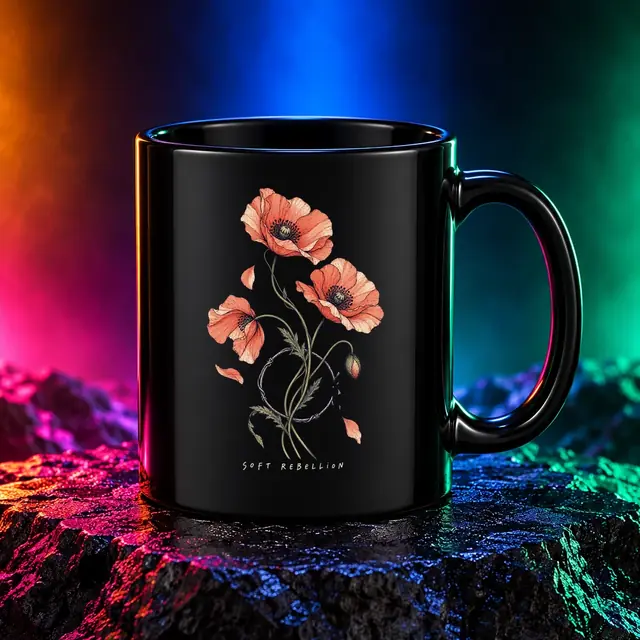 Black mug with the Soft Rebellion artwork. Wild poppies and expressive botanical lines give Soft Rebellion its quieter kind of confidence. Digital studio mockup.