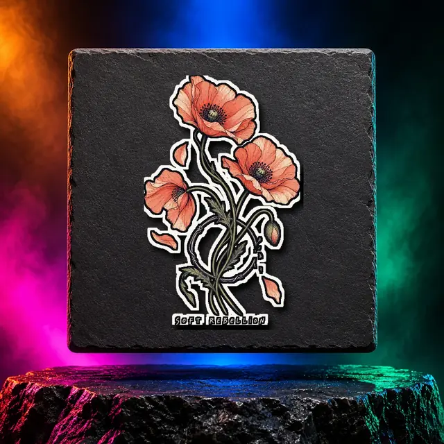 White kiss-cut sticker with the Soft Rebellion artwork. Wild poppies and expressive botanical lines give Soft Rebellion its quieter kind of confidence. Digital studio mockup.