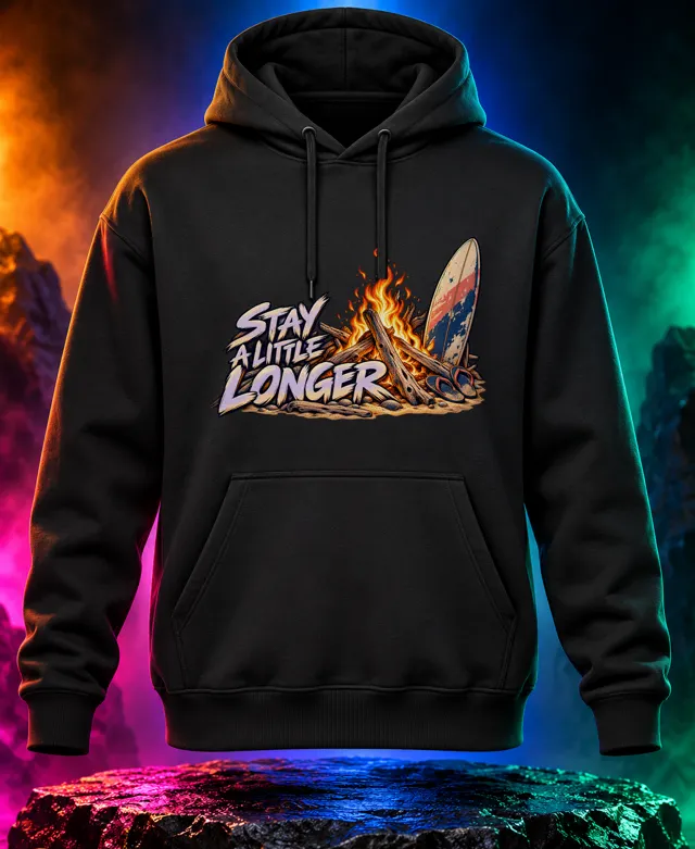 Stay a Little Longer hoodie with a driftwood bonfire, surfboard and flip-flops with Stay a Little Longer lettering. Black option. Digital mockup.