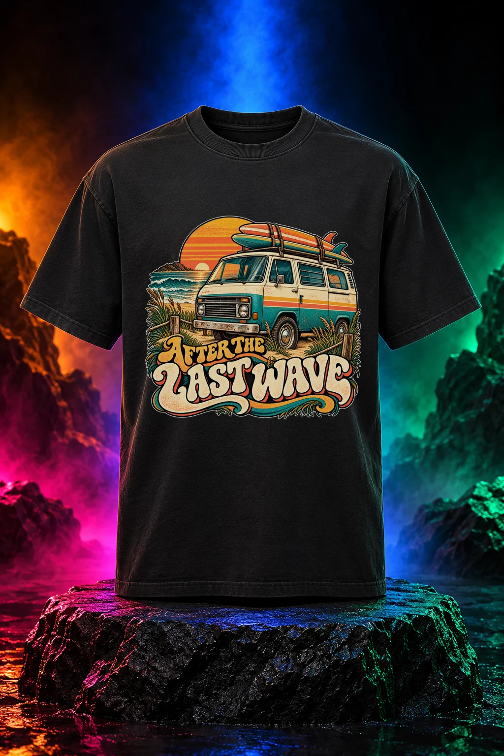 After the Last Wave T-shirt with an original cream-and-teal surf camper van carrying boards with After the Last Wave retro lettering. Black option. Digital mockup.