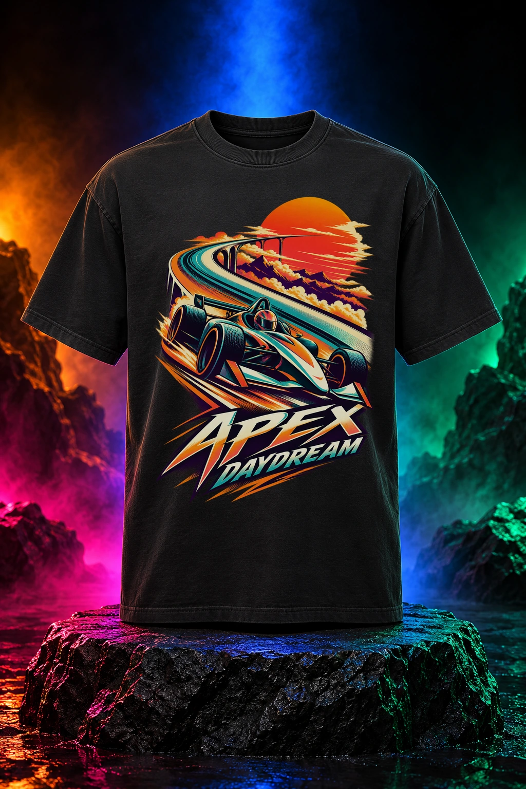 Black tee with the Apex Daydream artwork. An original open-wheel racer and a sweeping sunset circuit make Apex Daydream a little escape at speed. Digital studio mockup.