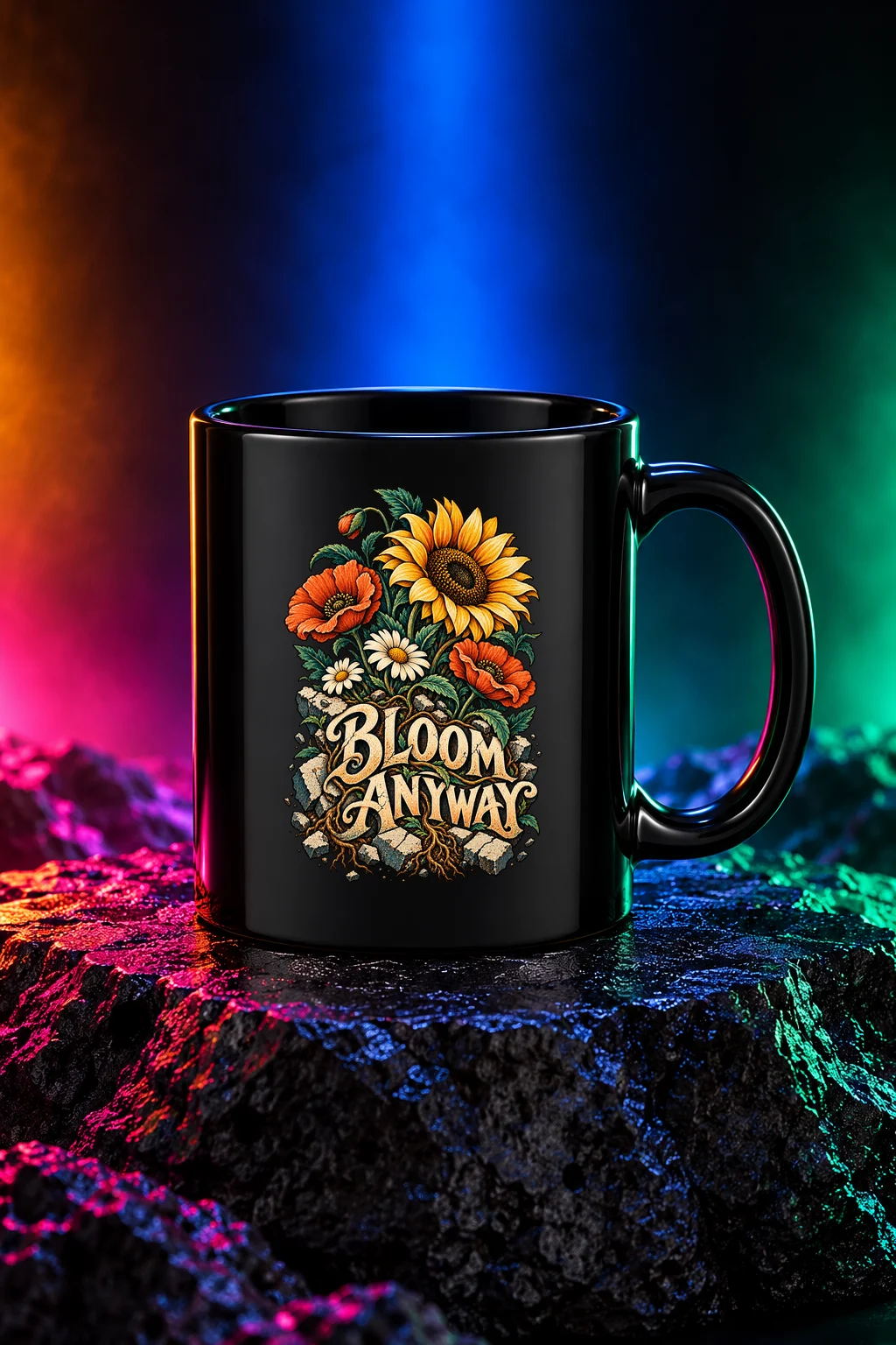 Bloom Anyway mug with bright flowers growing from cracked earth, worn retro ink and Bloom Anyway lettering. Black option. Digital mockup.