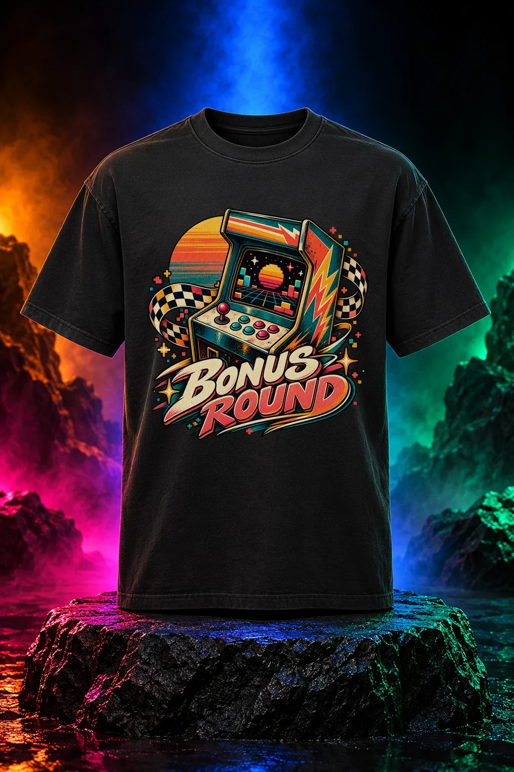 Bonus Round original artwork on a black T-shirt. Digital neon studio mockup.
