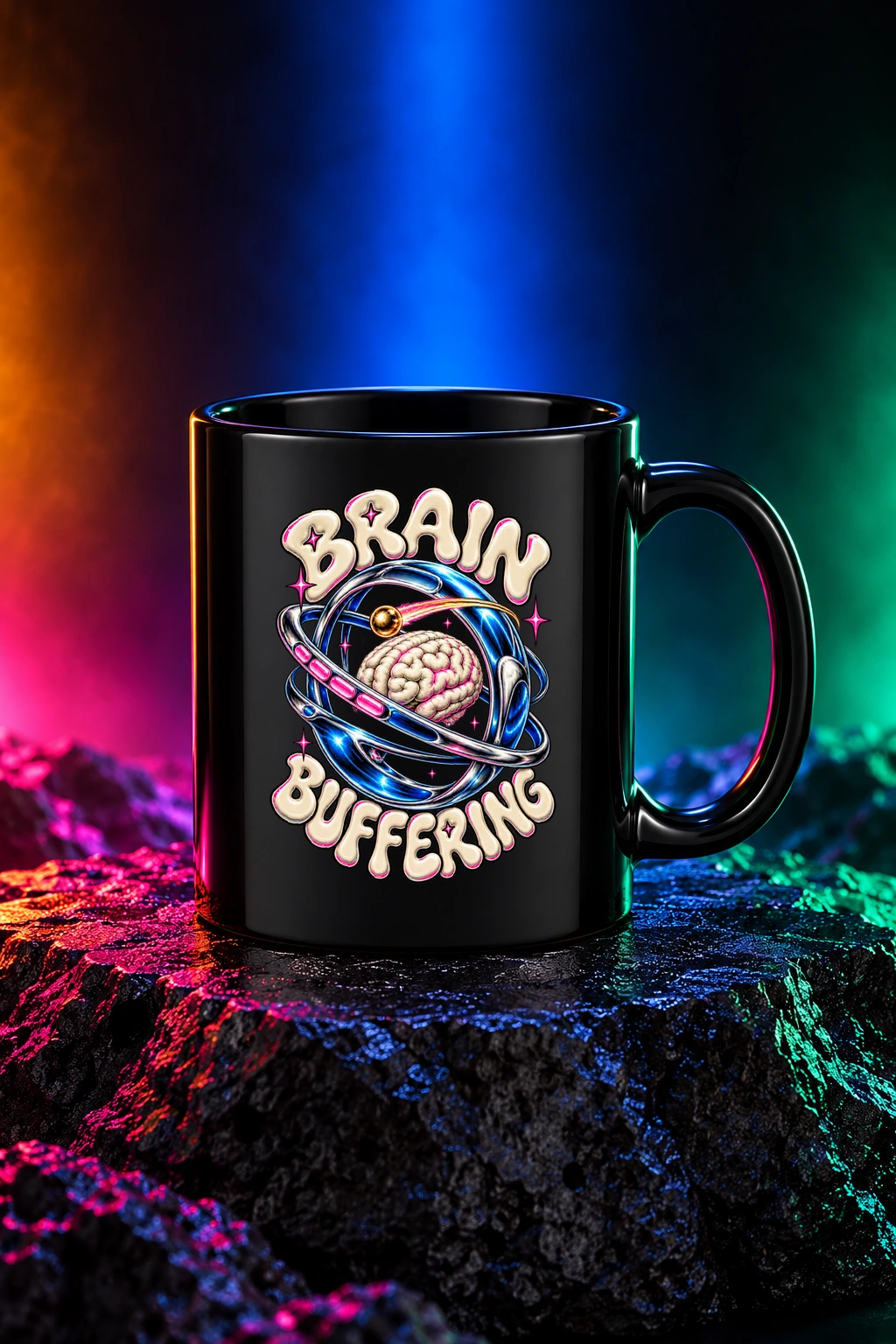 Black mug with the Brain Buffering artwork. A tiny brain in an orbital loading ring gives Brain Buffering its gently surreal sense of humor. Digital studio mockup.