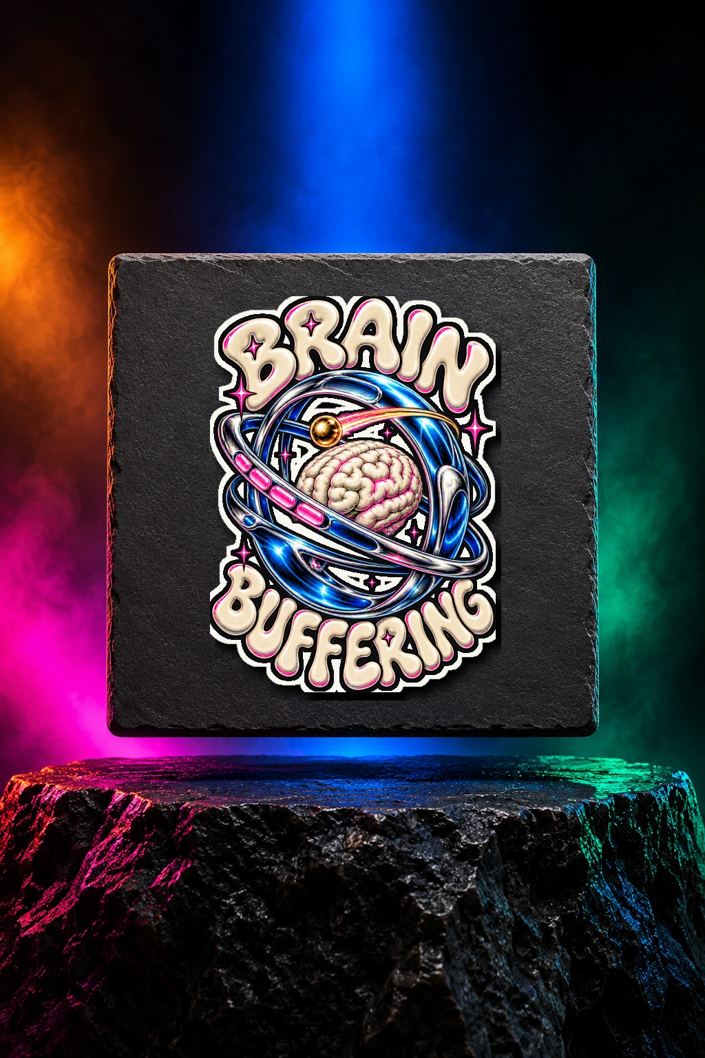 White kiss-cut sticker with the Brain Buffering artwork. A tiny brain in an orbital loading ring gives Brain Buffering its gently surreal sense of humor. Digital studio mockup.