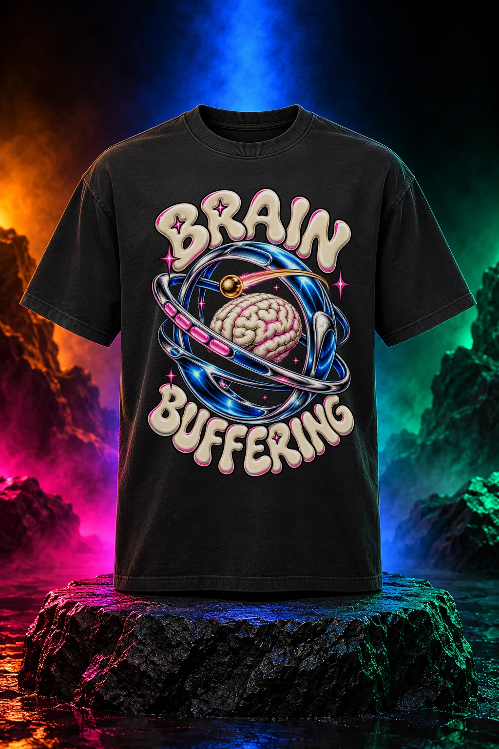 Black tee with the Brain Buffering artwork. A tiny brain in an orbital loading ring gives Brain Buffering its gently surreal sense of humor. Digital studio mockup.