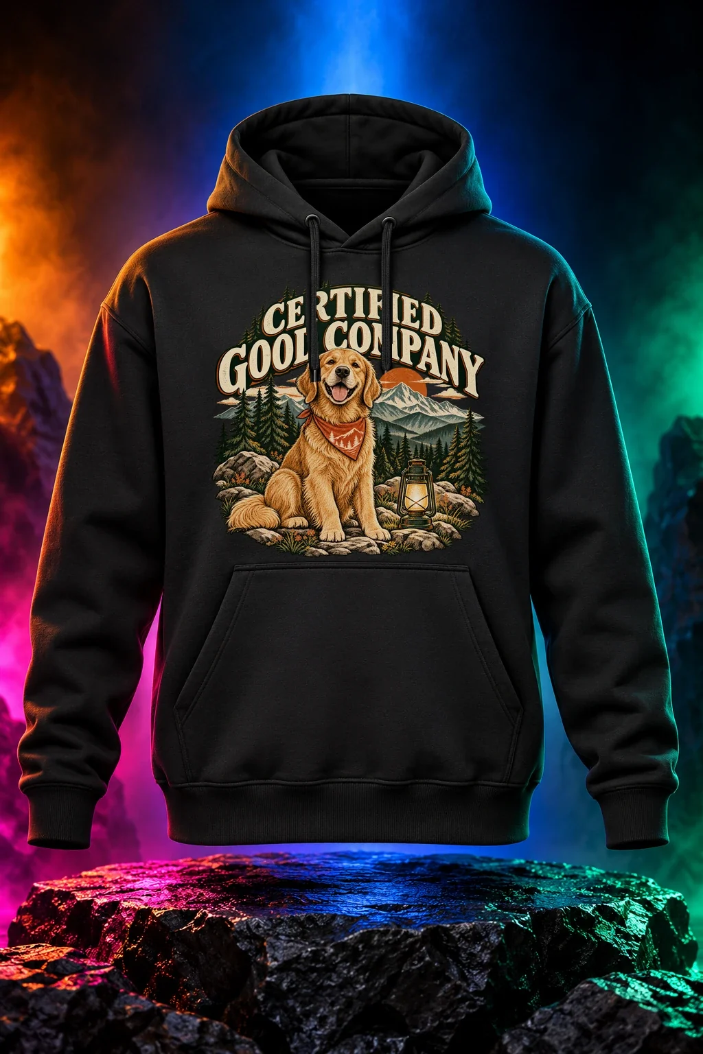Certified Good Company hoodie with a golden dog in a vintage outdoors badge. Black option. Digital mockup.