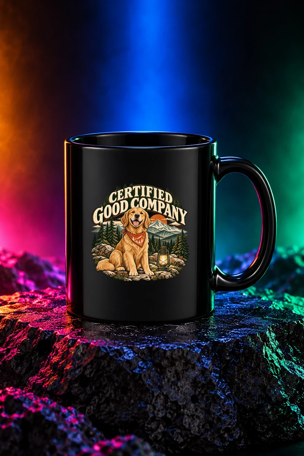 Certified Good Company original artwork on a black ceramic mug. Digital neon studio mockup.
