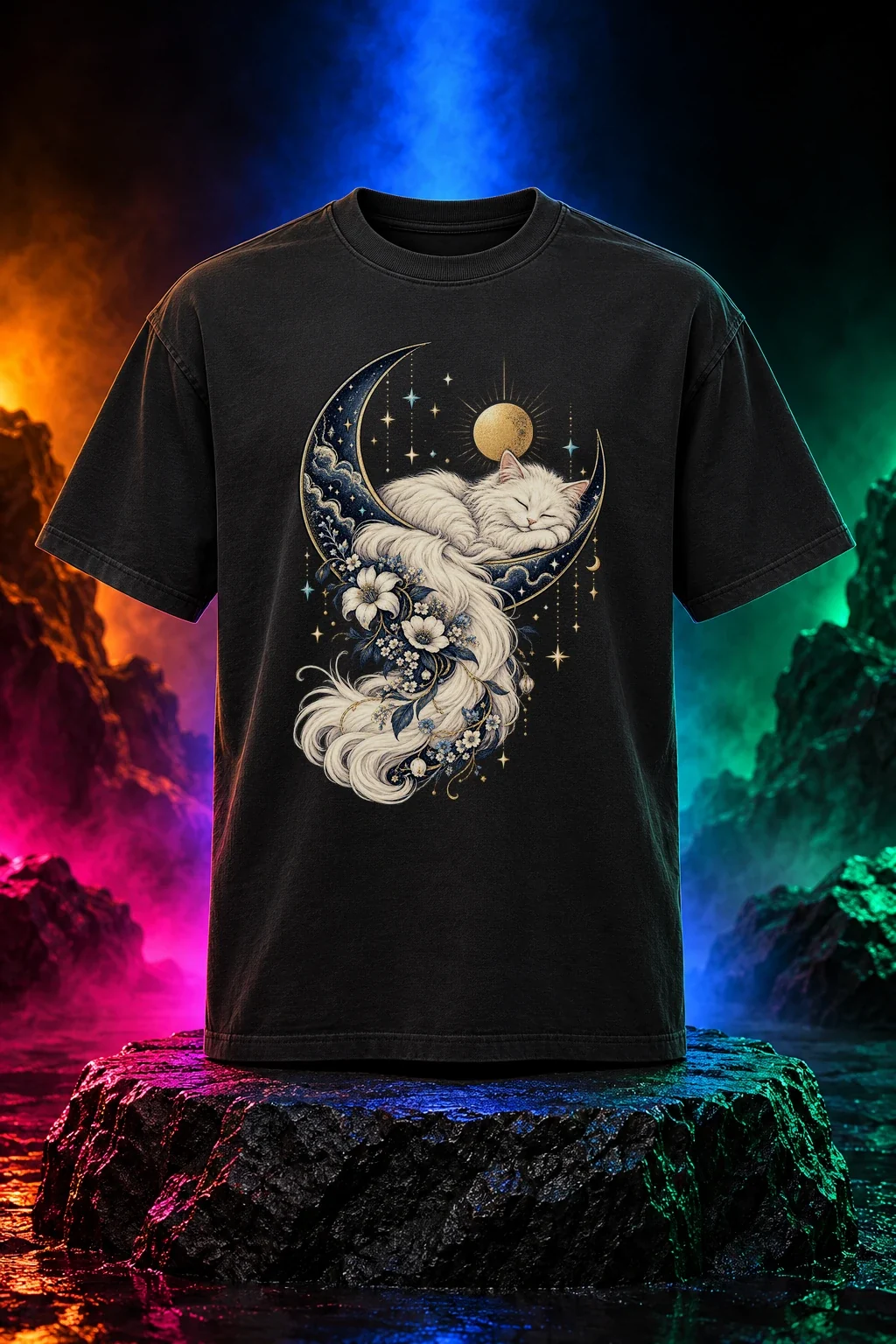 Cosmic Catnap original artwork on a black T-shirt. Digital neon studio mockup.