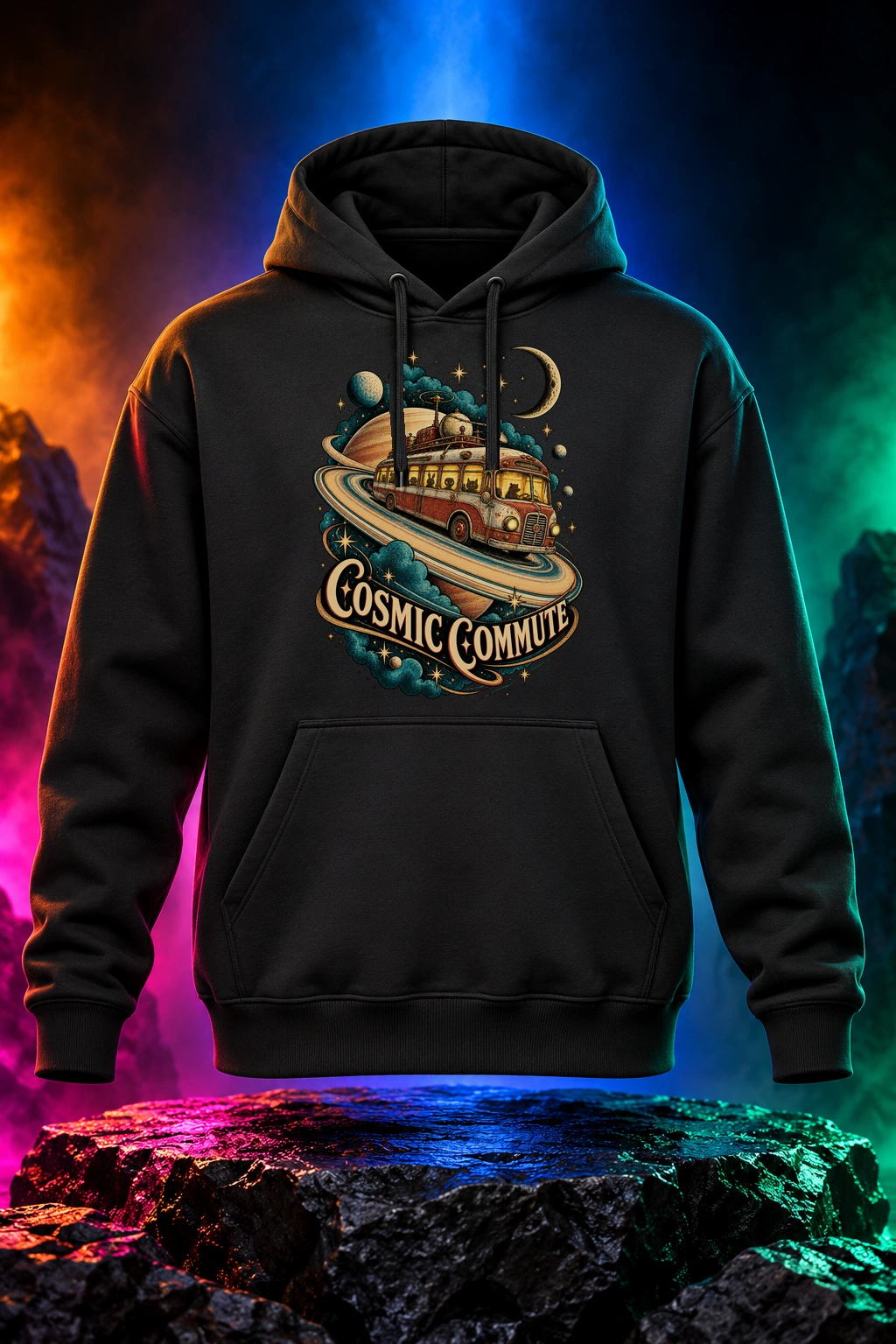 Black hoodie with the Cosmic Commute artwork. A vintage-style bus takes a very unusual route around Saturn in Cosmic Commute. Digital studio mockup.
