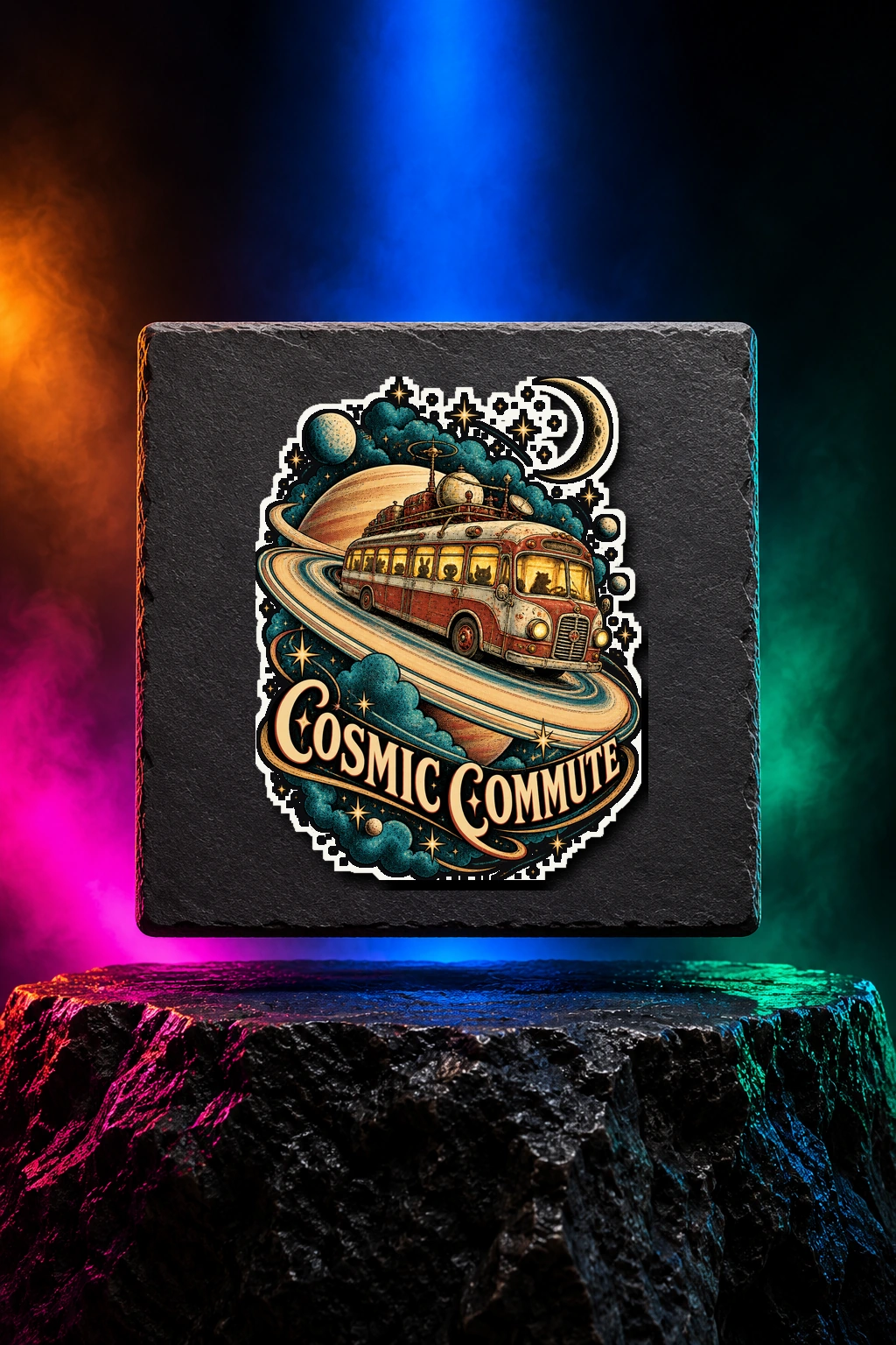 White kiss-cut sticker with the Cosmic Commute artwork. A vintage-style bus takes a very unusual route around Saturn in Cosmic Commute. Digital studio mockup.