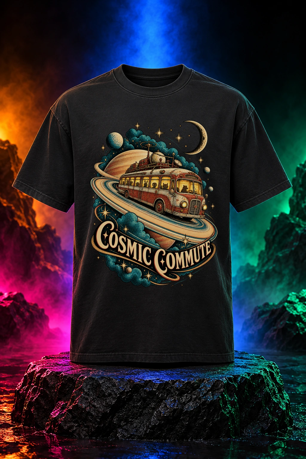 Black tee with the Cosmic Commute artwork. A vintage-style bus takes a very unusual route around Saturn in Cosmic Commute. Digital studio mockup.