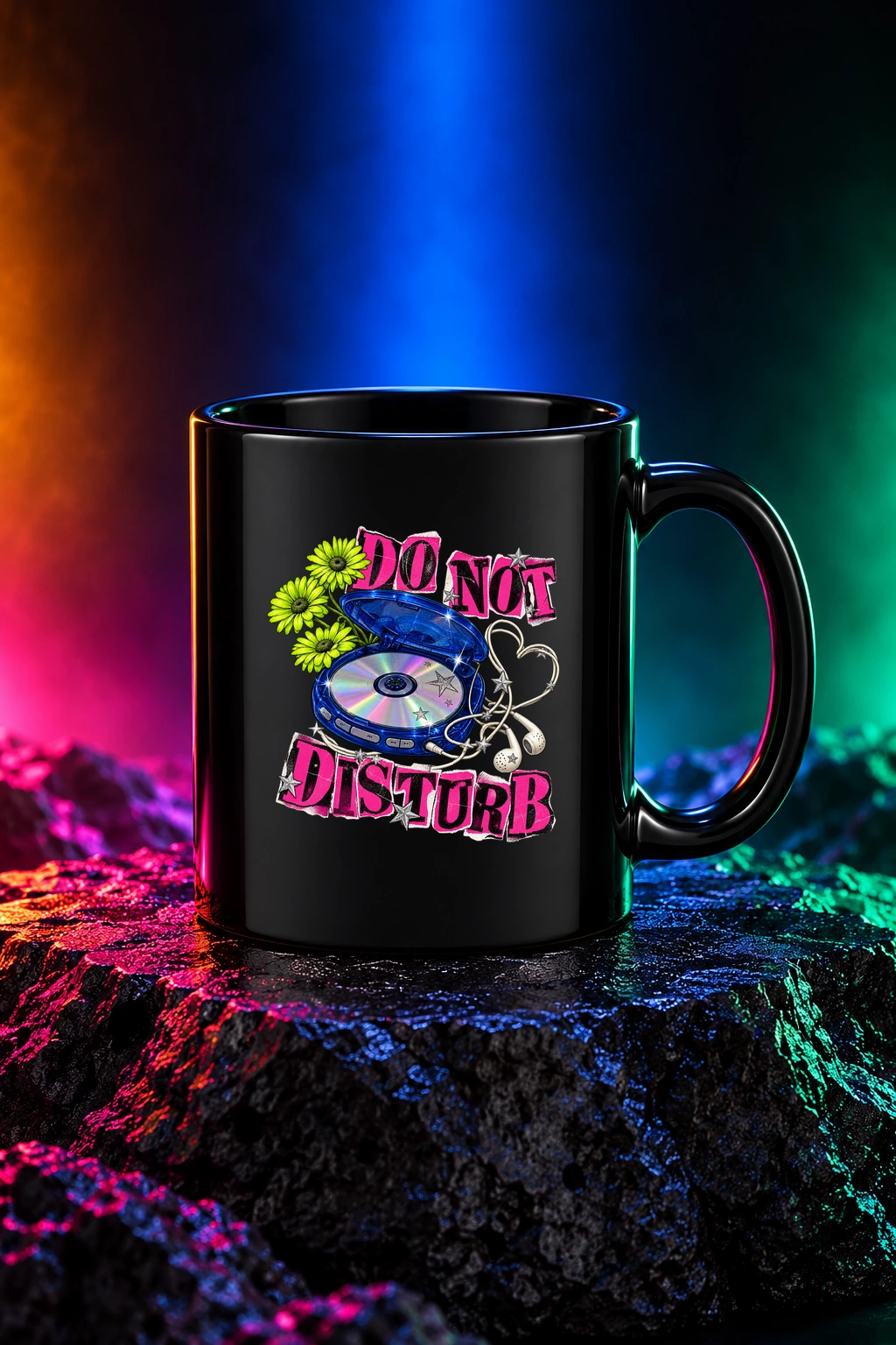 Do Not Disturb mug with a portable CD player, earbuds and flowers. Black option. Digital mockup.