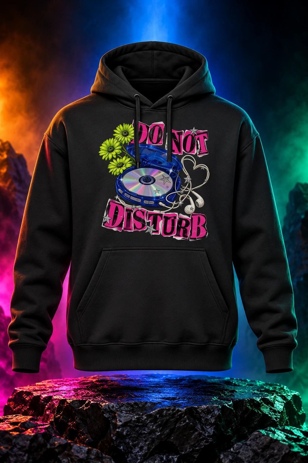 Black hoodie with the Do Not Disturb artwork. A portable CD player, wired earbuds and bright Y2K color make Do Not Disturb a little love letter to listening offline. Digital studio mockup.