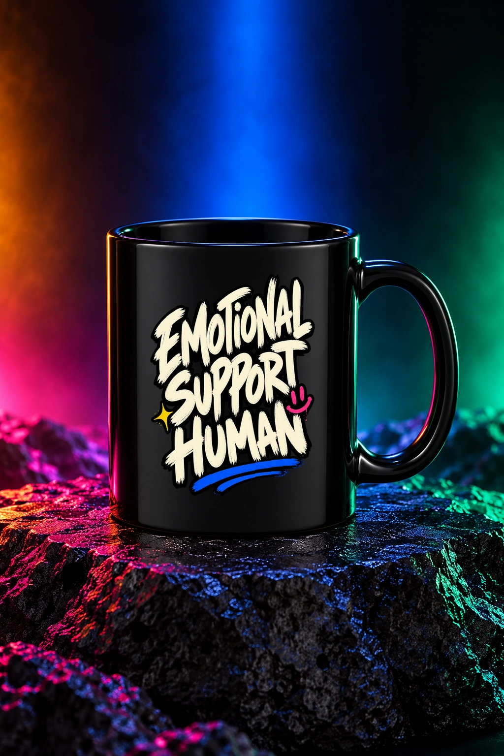 Black mug with the Emotional Support Human artwork. Confident brush lettering and bright little accents make Emotional Support Human a warmly offbeat statement. Digital studio mockup.