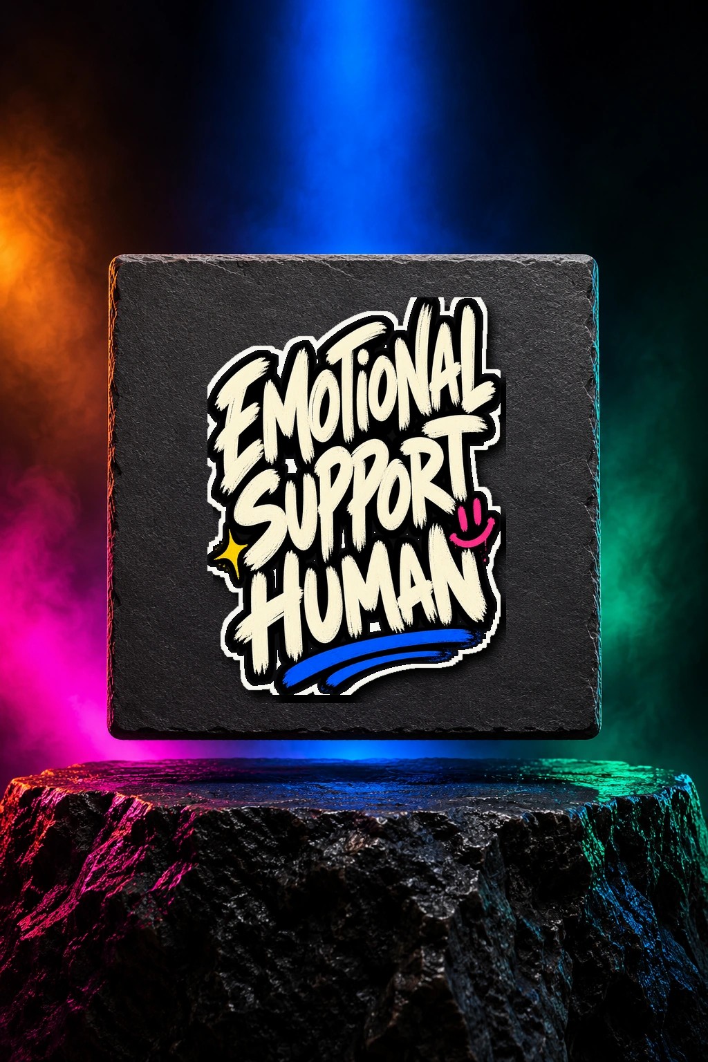 White kiss-cut sticker with the Emotional Support Human artwork. Confident brush lettering and bright little accents make Emotional Support Human a warmly offbeat statement. Digital studio mockup.