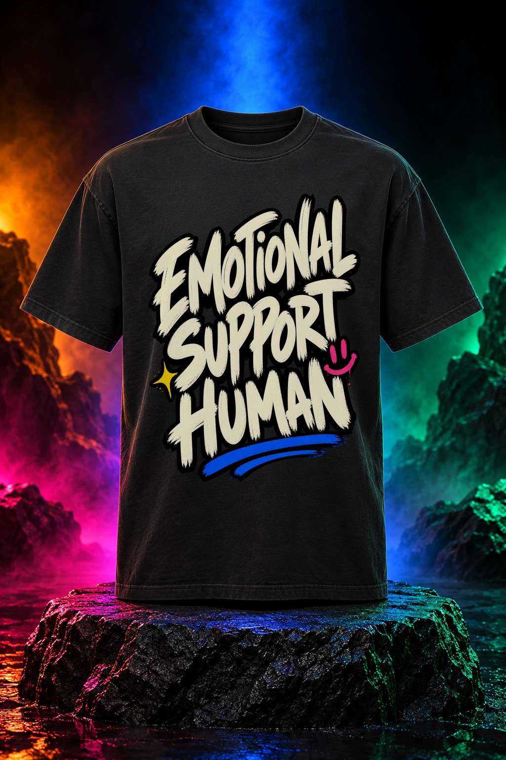 Black tee with the Emotional Support Human artwork. Confident brush lettering and bright little accents make Emotional Support Human a warmly offbeat statement. Digital studio mockup.