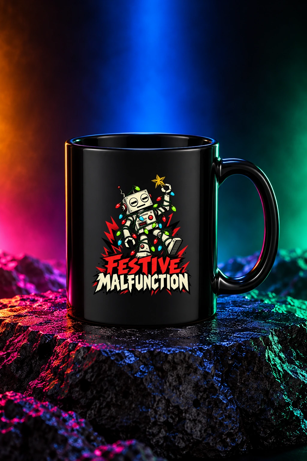 Black mug with the Festive Malfunction artwork. A retro robot tangled in Christmas lights makes Festive Malfunction a cheerful seasonal breakdown. Digital studio mockup.