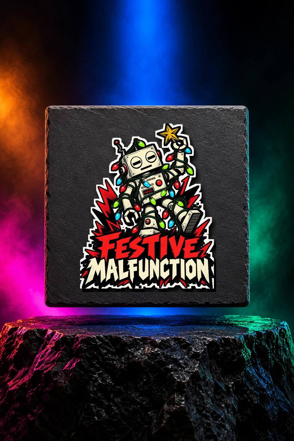 White kiss-cut sticker with the Festive Malfunction artwork. A retro robot tangled in Christmas lights makes Festive Malfunction a cheerful seasonal breakdown. Digital studio mockup.