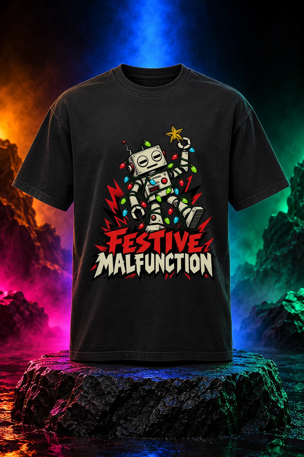 Black tee with the Festive Malfunction artwork. A retro robot tangled in Christmas lights makes Festive Malfunction a cheerful seasonal breakdown. Digital studio mockup.